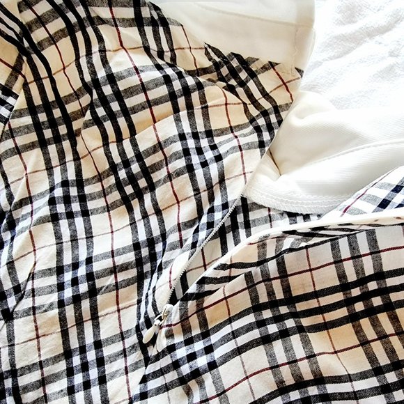 Black, tan and light cream plaid / tartan, 3/4 sleeve dress with white collar - Picture 5 of 6